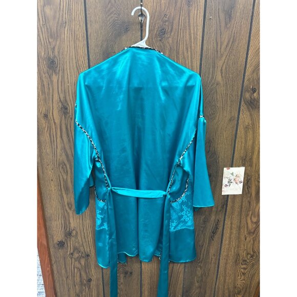 Victorias Secret Teal Silk Robe With Leopard Trim & Floral Detail S/M - Picture 2 of 3